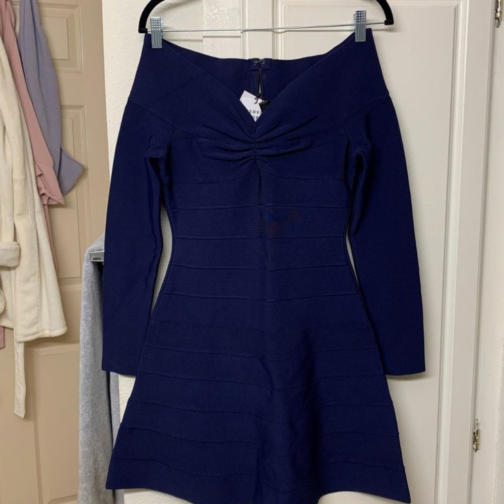 Herve Leger Navy Blue Off-the-Shoulder Bandage Dress